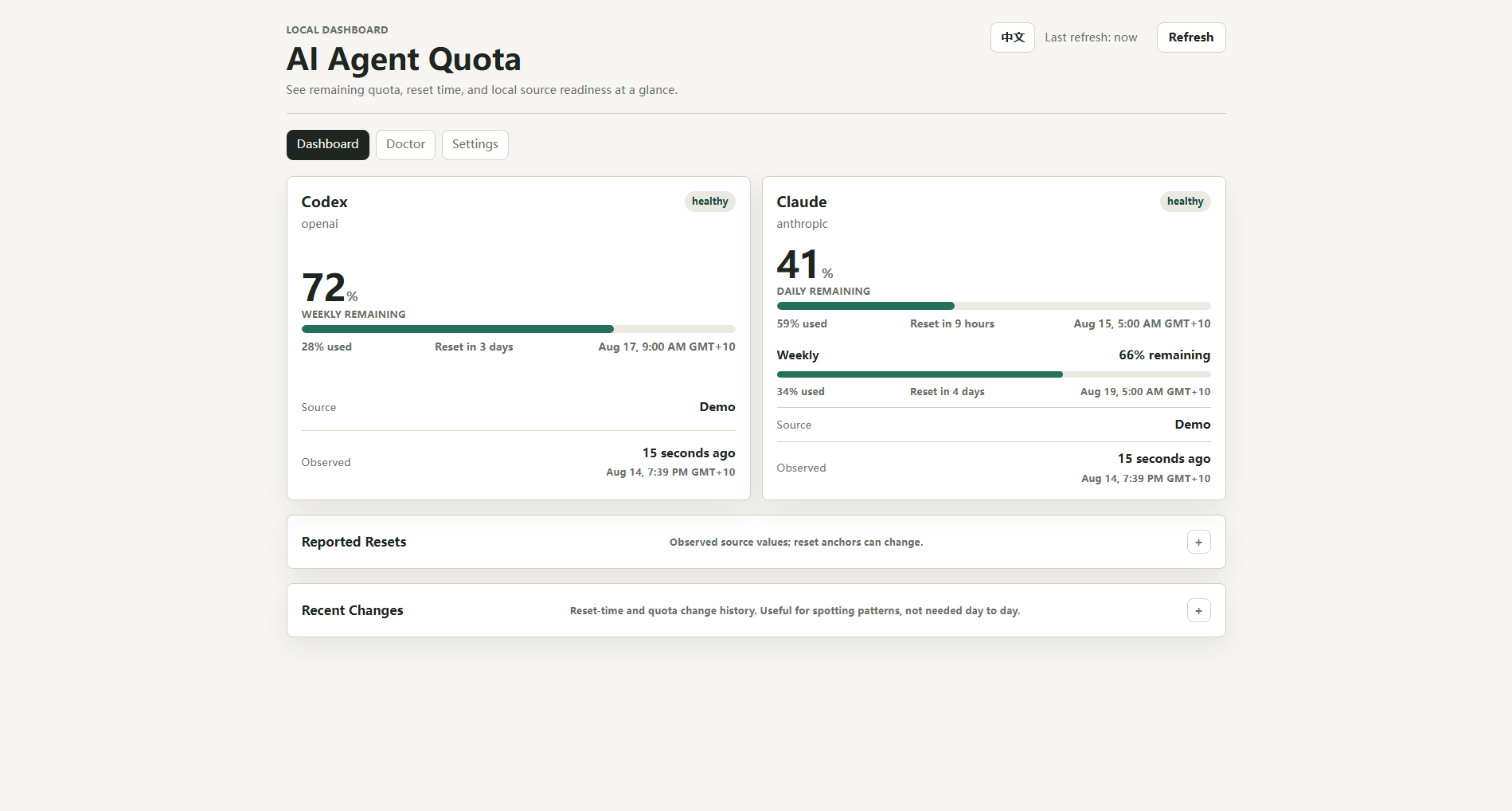 AI Agent Quota Dashboard showing Codex and Claude quota cards